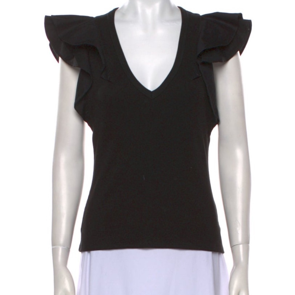 Veronica Beard Black Ruffle V-Neck Blouse